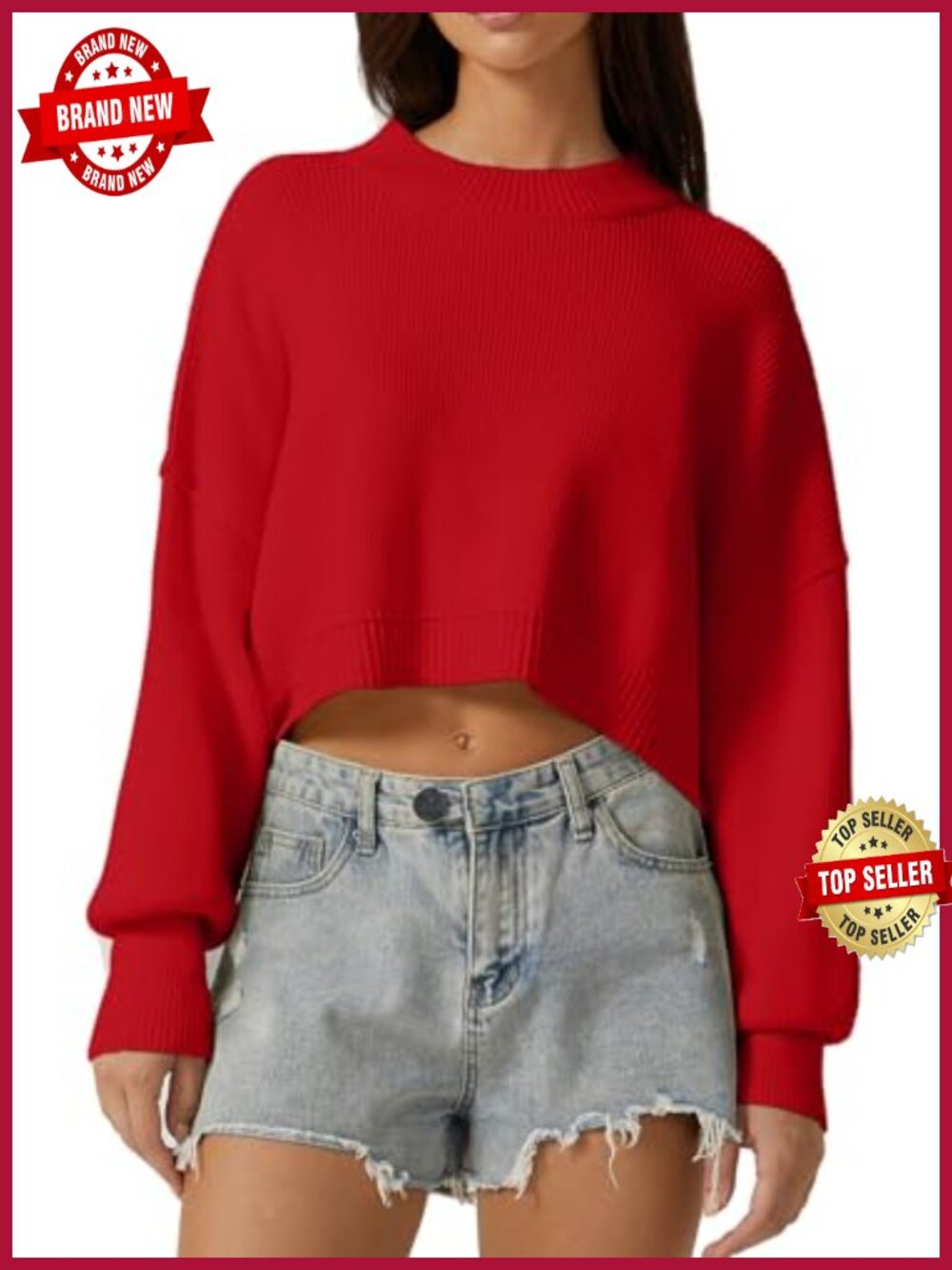 Mock Neck Cropped Sweater Long Sleeve Drop Shoulder Oversized Knit Pullover